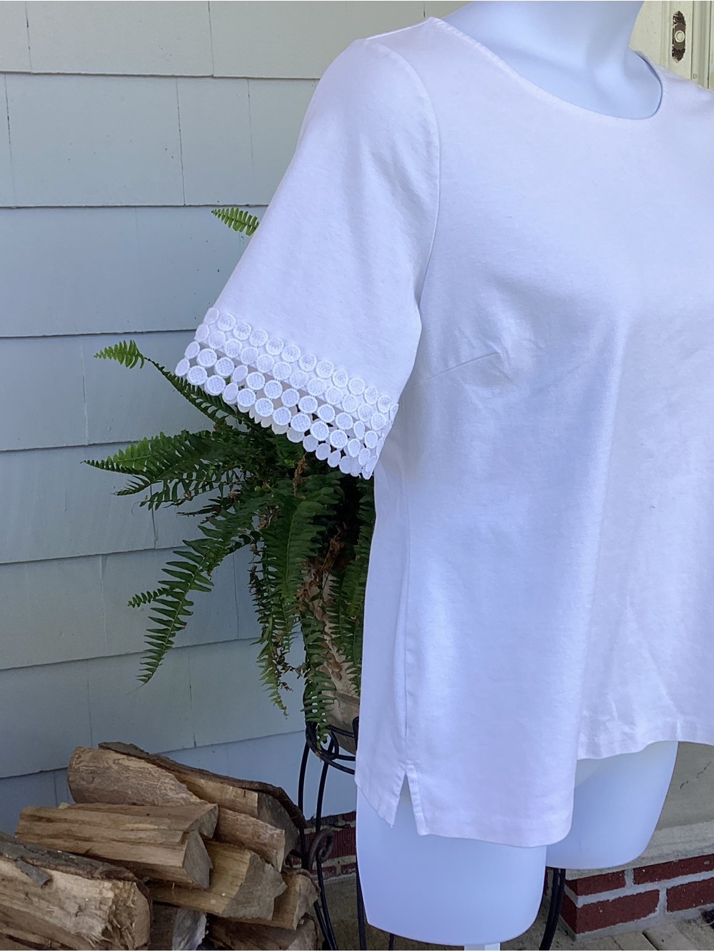 Talbots White Short-Sleeve Top with Crochet-Trim Sleeves LNWOT - Picture 5 of 11